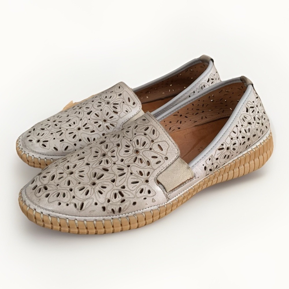 Spring Step Laser-Cut Leather Slip-On Flats Beige Women 42 11